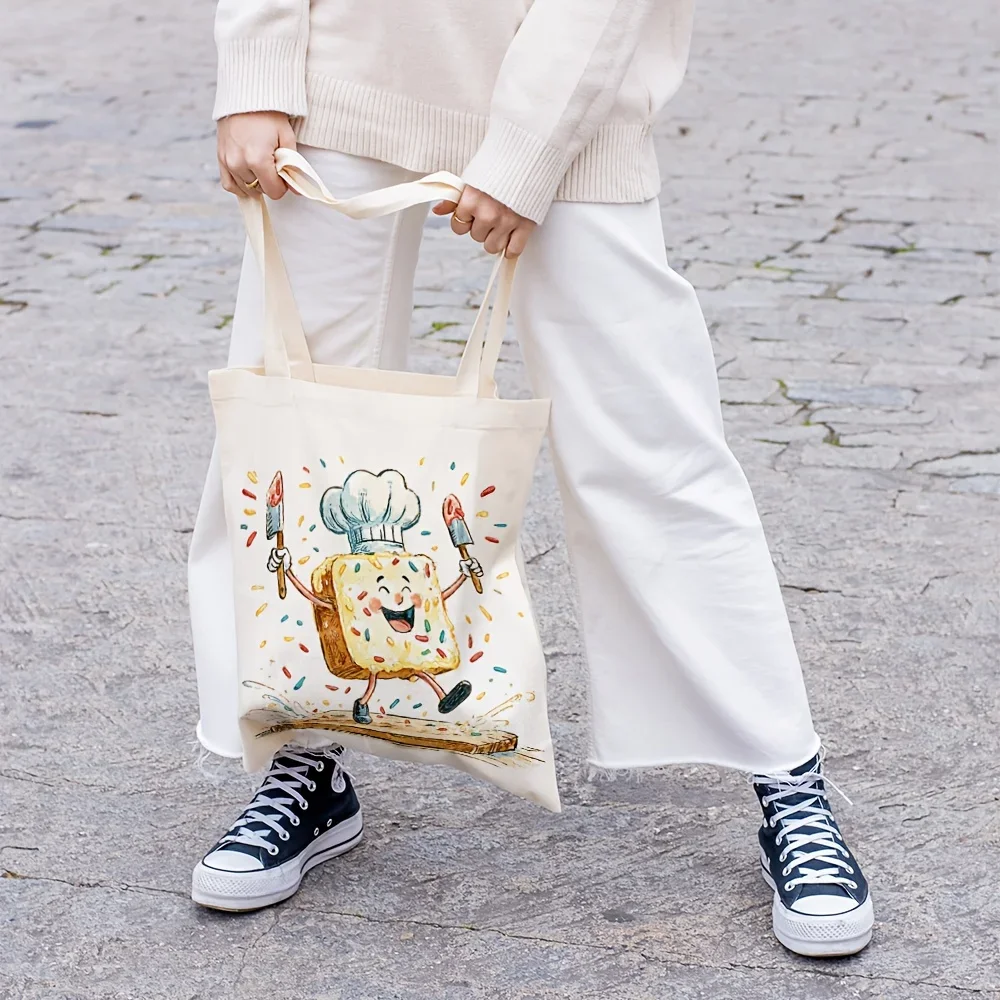 1pc, Fun Chef Bread Canvas Tote Bag Grocery Bags (35.05cm x 40.13cm), Playful Kitchen Art Bag for Daily Shopping, Reusable Groce