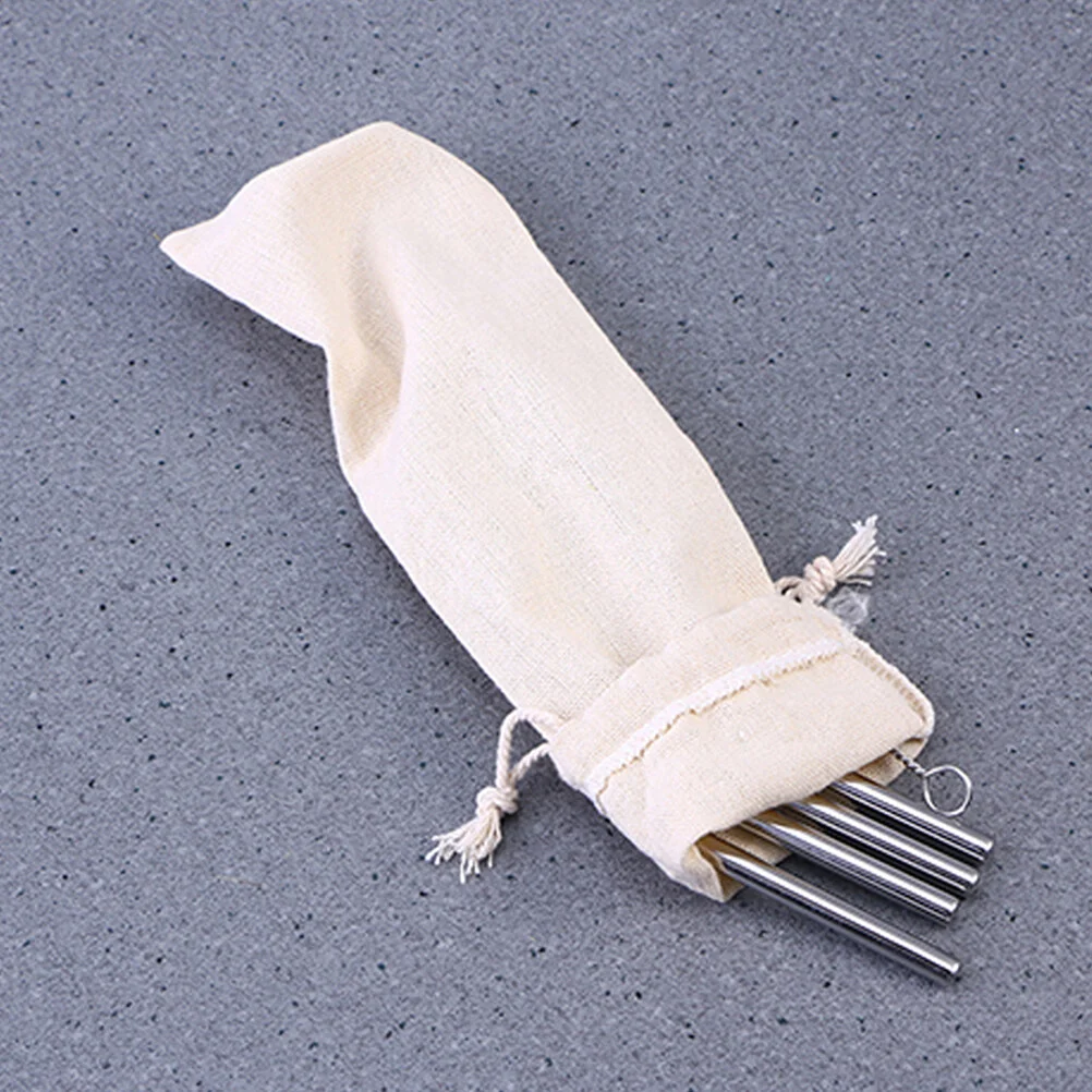 15 Pcs Organizer Bags Travel Gift Stainless Steel Straw Storage Linen Drawstring Pouch Cotton