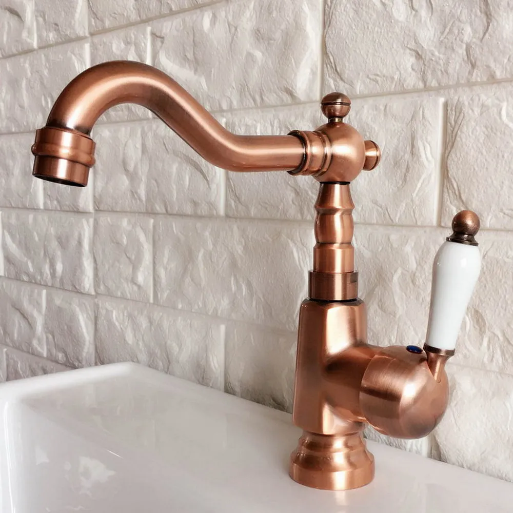 

Antique Red Copper Swivel Spout Bathroom Sink Faucets Single Handle Hole Deck Mount Wash Basin Mixer Taps Lnf396