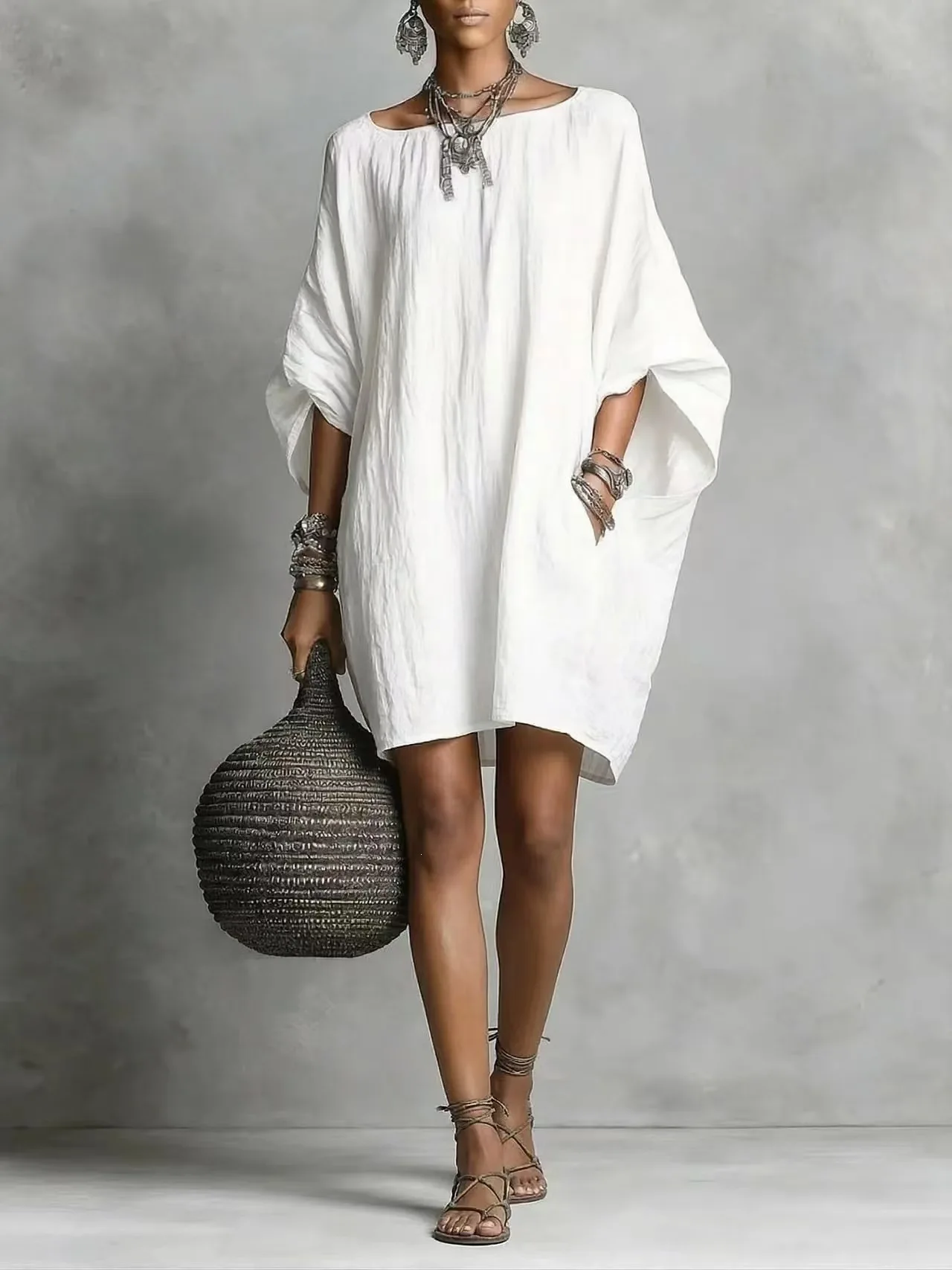 2026 Women's Retro Solid Color Elegant Long-Sleeved Off-the-Shoulder Mid-Length Casual Cotton Linen Dress