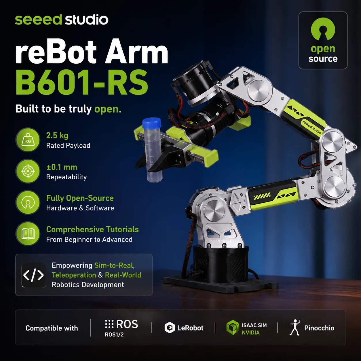 Seeed Studio ReBot Arm B601-RS AI Robotic Arm Open Source Robot Platform Payload ROS2 Isaac Sim LeRobot Teleoperation