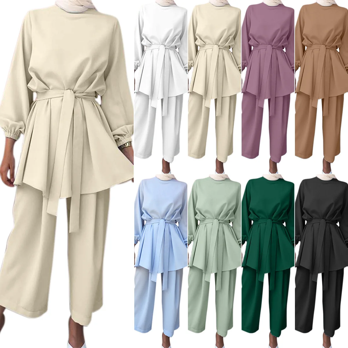 Ensemble chemise et pantalon turcs pour femmes musulmanes, chemise à manches longues, ceinture à nœud, Abaya solide, vêtements islamiques, Respzed,