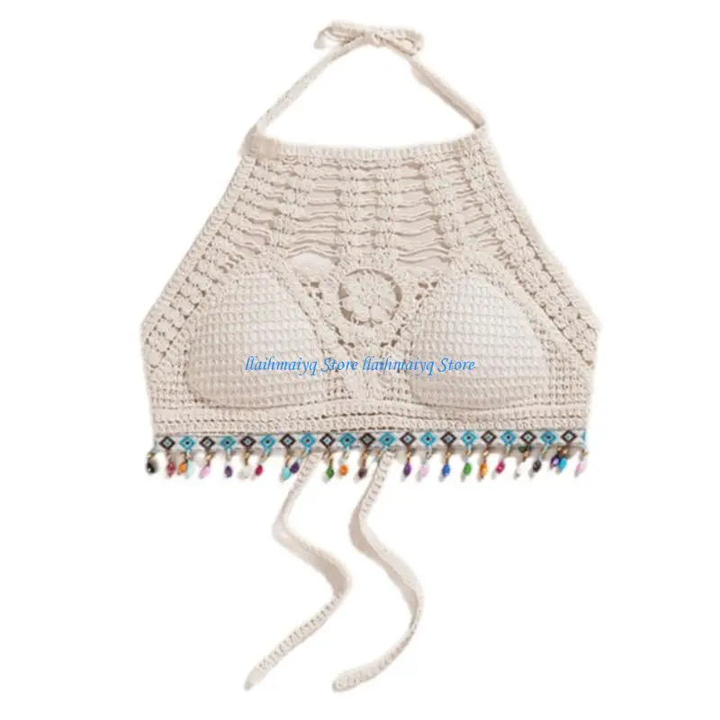 573B Bohemian Halter Neck Backless Bra Top with Adjustable Straps Beach Vest