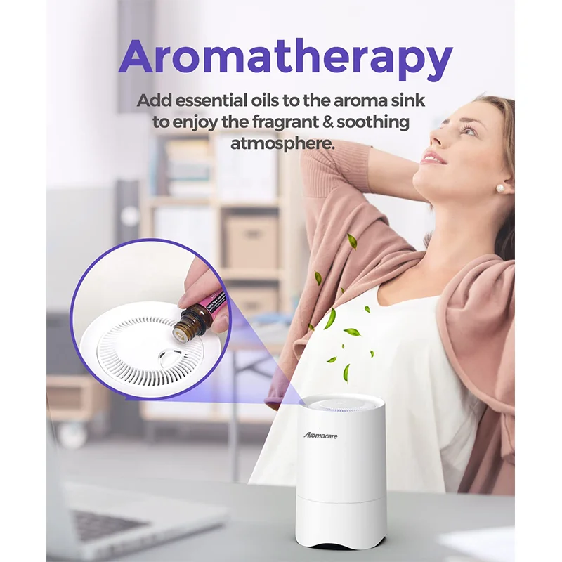 Aromacare Small Air Purifier for Bedroom Personal Desk Mini Air Fresheners Room Hepa Air Cleaner for Pets Smoke Desktop Office