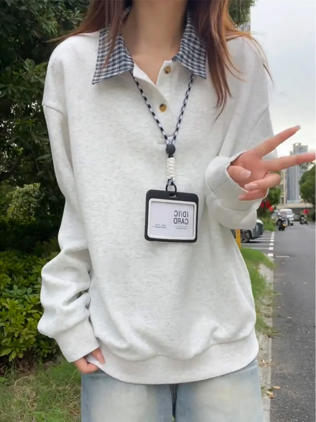 

Cleanfit White Grey College Style Hoodie Women's Autumn Design Refreshing Top Inner Wear Base Shirt Loose Fit Long Sleeve