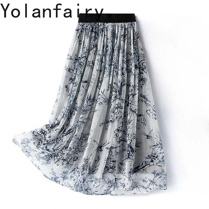 YOLANFAIRY Fashion 100%Real Mulberry Silk Skirt for Women Summer Clothing Elastic Waist Elegant Floral Skirts Long Holiday Skirt