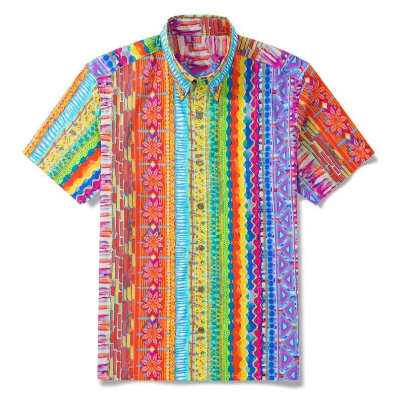 

Fun Plants Pattern Hawaiian Shirt For Men Colorful Stripes 3D Printed Short Sleeves Summer Loose Aloha Shirts Lapel Blouses Tops