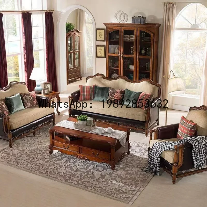 

H5.15 all-solid wood sofa fabric combination European-style simple modern apartment villa living room three-person home
