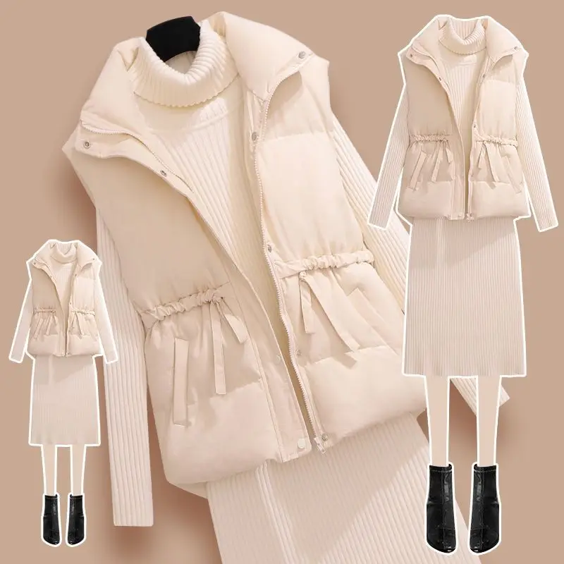 Korean Style Style Cotton Jacket Stand Up Collar Vest Slim Knit Dress Two-piece Set for 2024 Winter New Versatile Women
