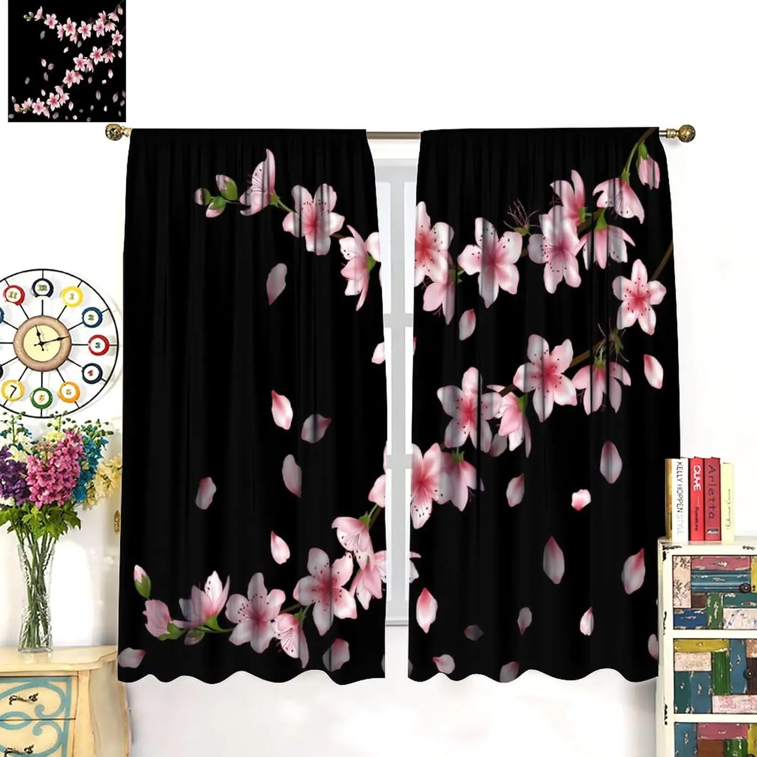 Floral Curtains Spring Romantic Pink Cherry Blossom Black Art Print for Girls Women Bedroom Living Room Kitchen Decor Rod Pocket