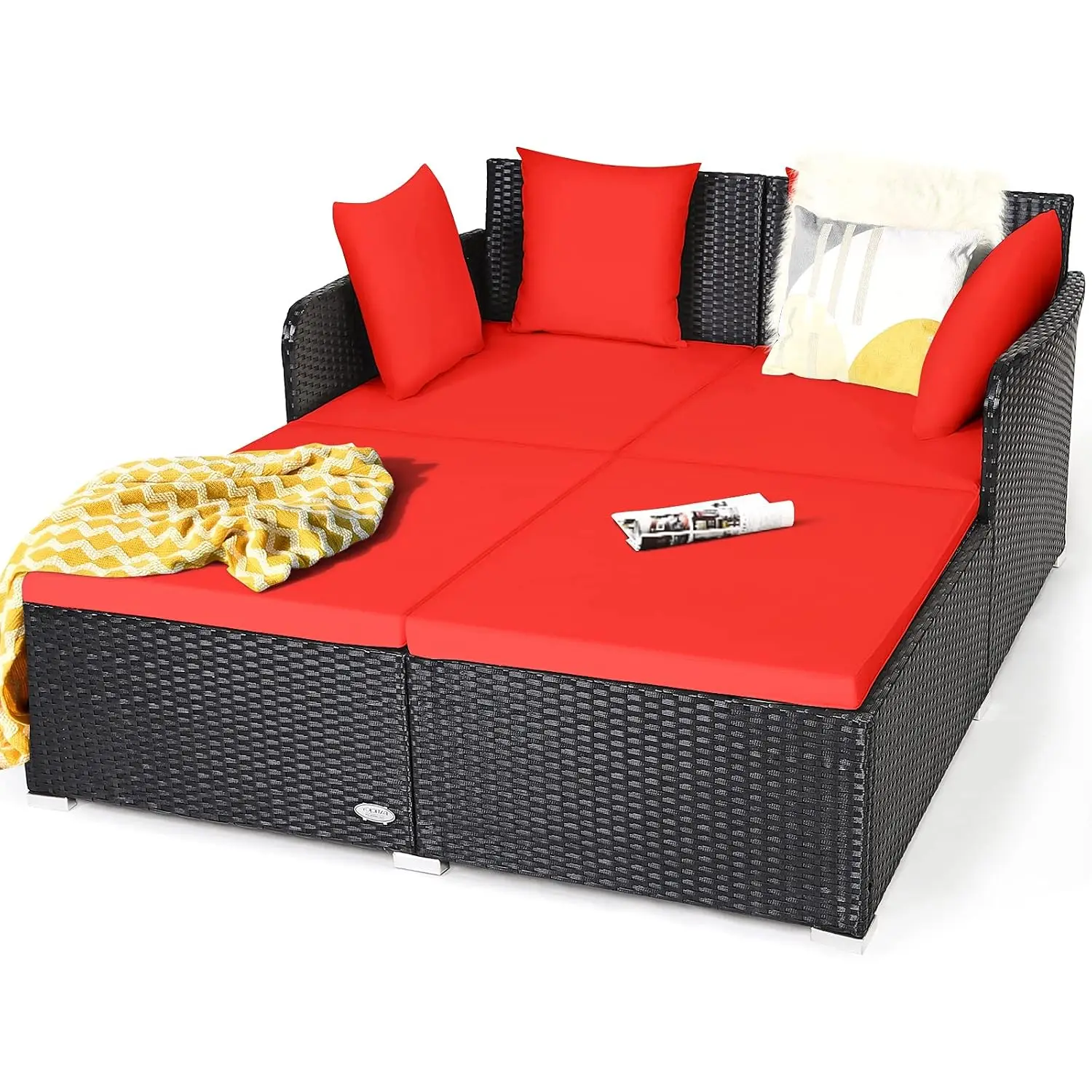 Rattan Daybed with Cushion & Pillows, Aluminum Foot Wicker Patio Furniture Double Lounger for Garden Poolside, Customized