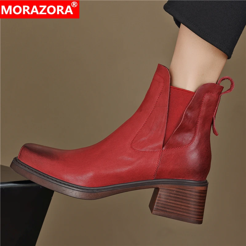 MORAZORA New Nature Genuine Leather Boots Women Autumn Winter Chunky Heels Ladies Chelsea Boots Fashion Red Ankle Booties