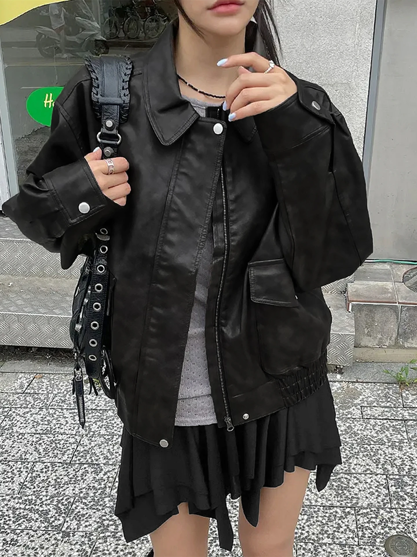 

Dulzura Winter Latest Fashion Turn-Down Collar Long Sleeves Leather Jacket Casual Retro Women'S Coat Party Club Street Clothes