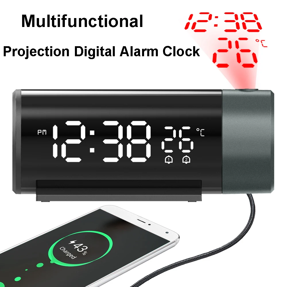 Multifunctional Projection Alarm Clock 180° Rotatable Projector Digital Clock 4-Level Brightness Dimmer LED Display Dual Alarms