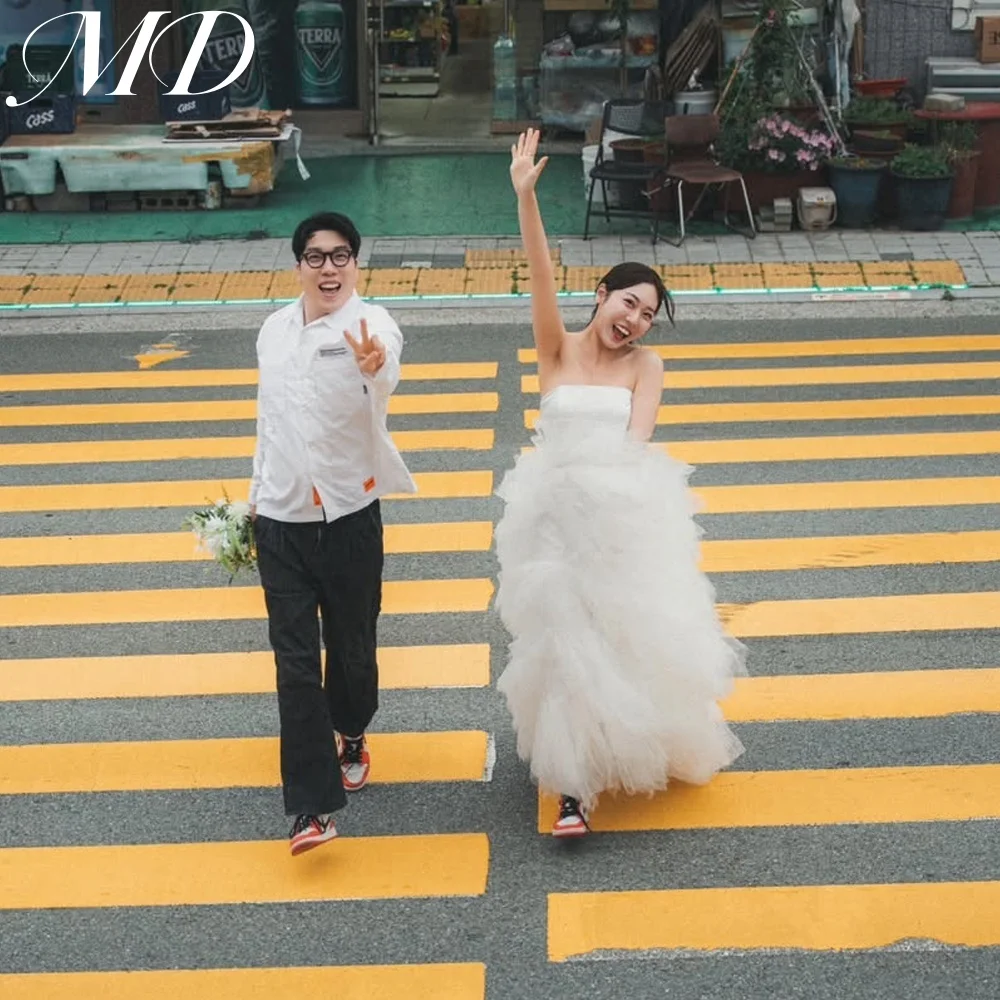 MD New 2025 Modern Pleat Tulle A-line Wedding Dress Sleeveless Strapless Korea Photoshoot Bridal Gown 2025 Customized 웨딩드레스