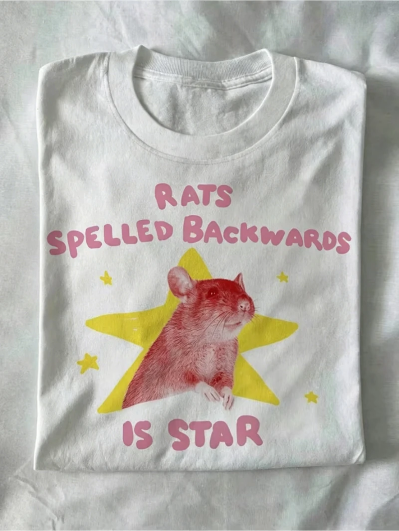 Rats Is Star Print T-Shirt Lustiges Ausgefallenes Grafik-Kurzarm-Oberteil für Männer und Frauen Lässiges Lockeres Streetwear T-Shirt für den Alltag Trendiges Streetwear-Shirt – Detail 4