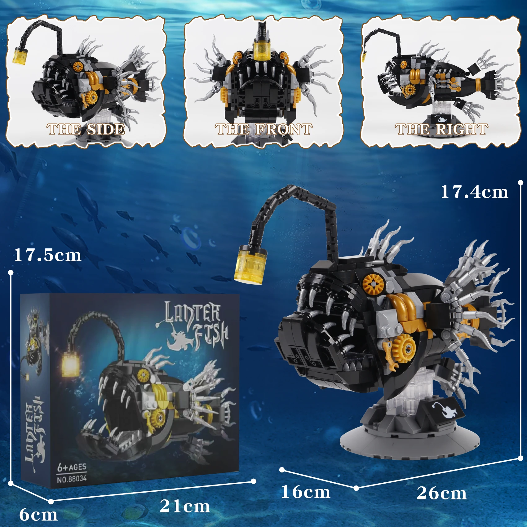 Creative Mechanical lantern Fish Building Blocks Piranha Model With Light Model Assemble Brick Toys For Kid Adult Gifts