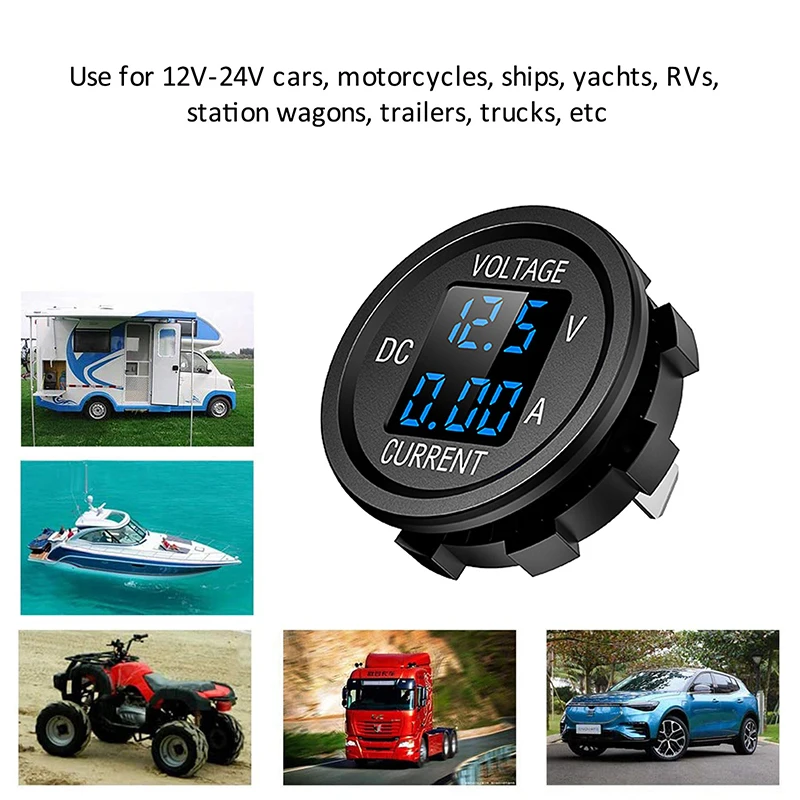 Upgraded 12V-24V Car Voltage VA Round LED Panel Digital Voltmeter Ammeter Tester Monitor for Car Motorcycle ATV RV Marine Truck