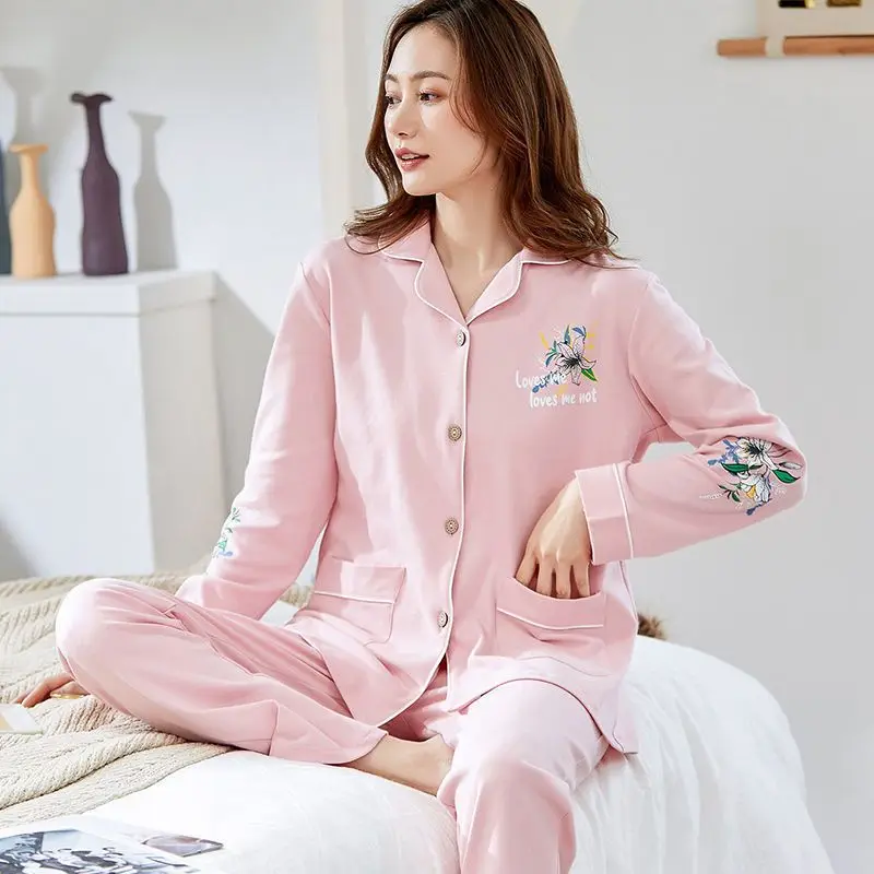 New Pure Cotton Pajamas, Long-sleeved Cardigan for Women, Middle-aged Plate-sized Spring and Autumn Home Wear Set, Thin Comfort