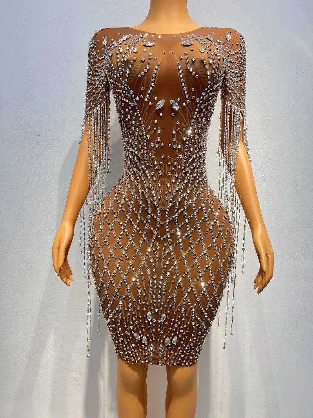 

Sexy Silver Rhinestones Fringes Transparent Brown Mesh Stretch Dress Evening Birthday Celebrate Outfit Sexy Performance Costume