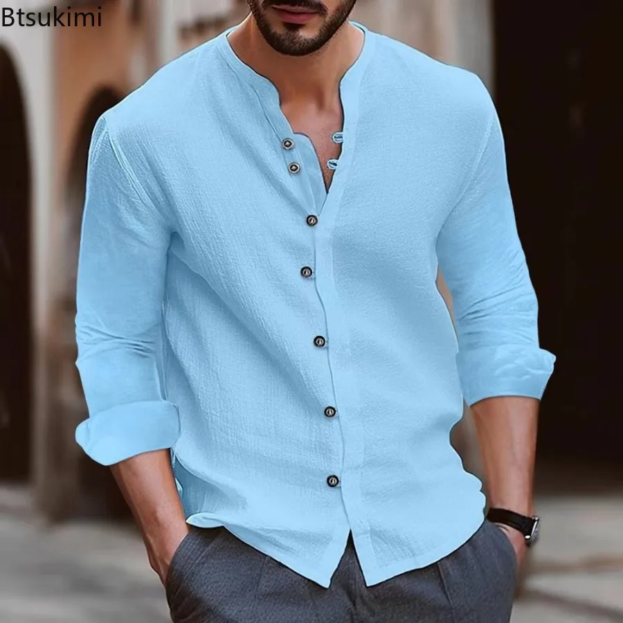 

New Men's Summer Casual Long Sleeve Shirts Button Up Cotton Linen Solid Stand Collar Hawaiian Beach Shirts Tops for Men Clothing