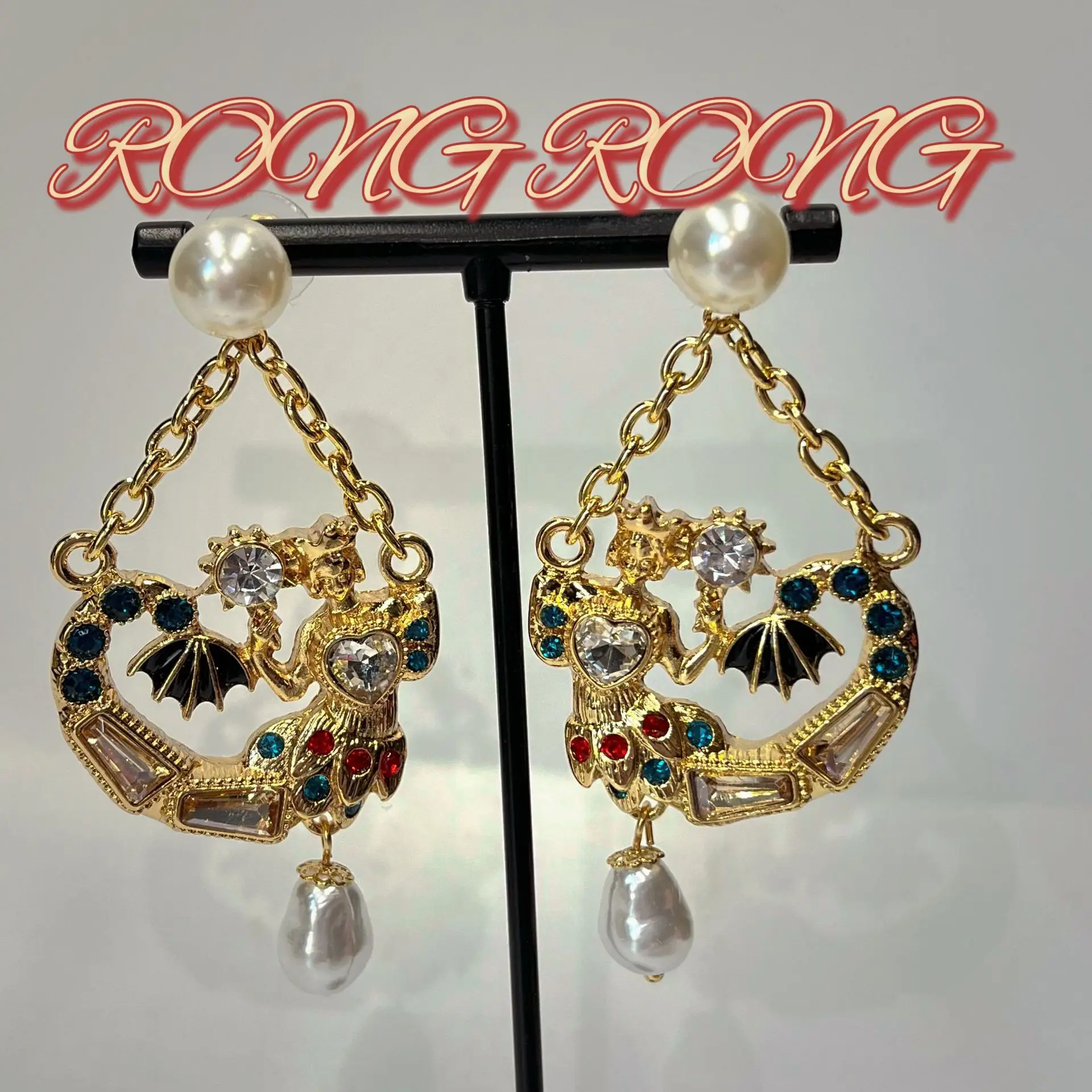 Vintage Heavy Workers Mermaid Pearl Handmade Art Jewelry Earrings European and American Retro Exaggerated Personality Earrings