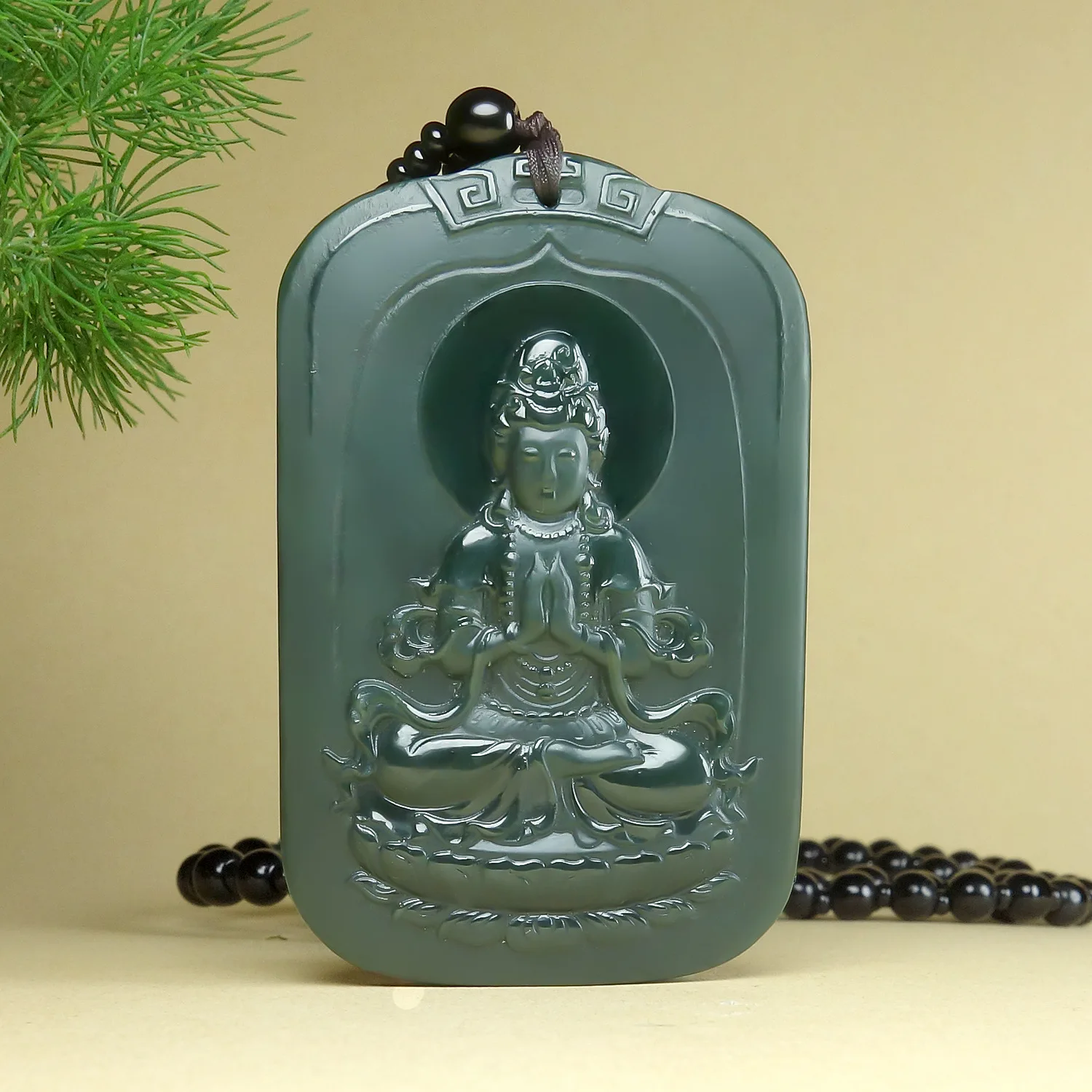

Fine Jewelry Natural Hetian Nephrite Jade Qingyu Erxi Sitting Lotus Guanyin Jade Pendant for Men
