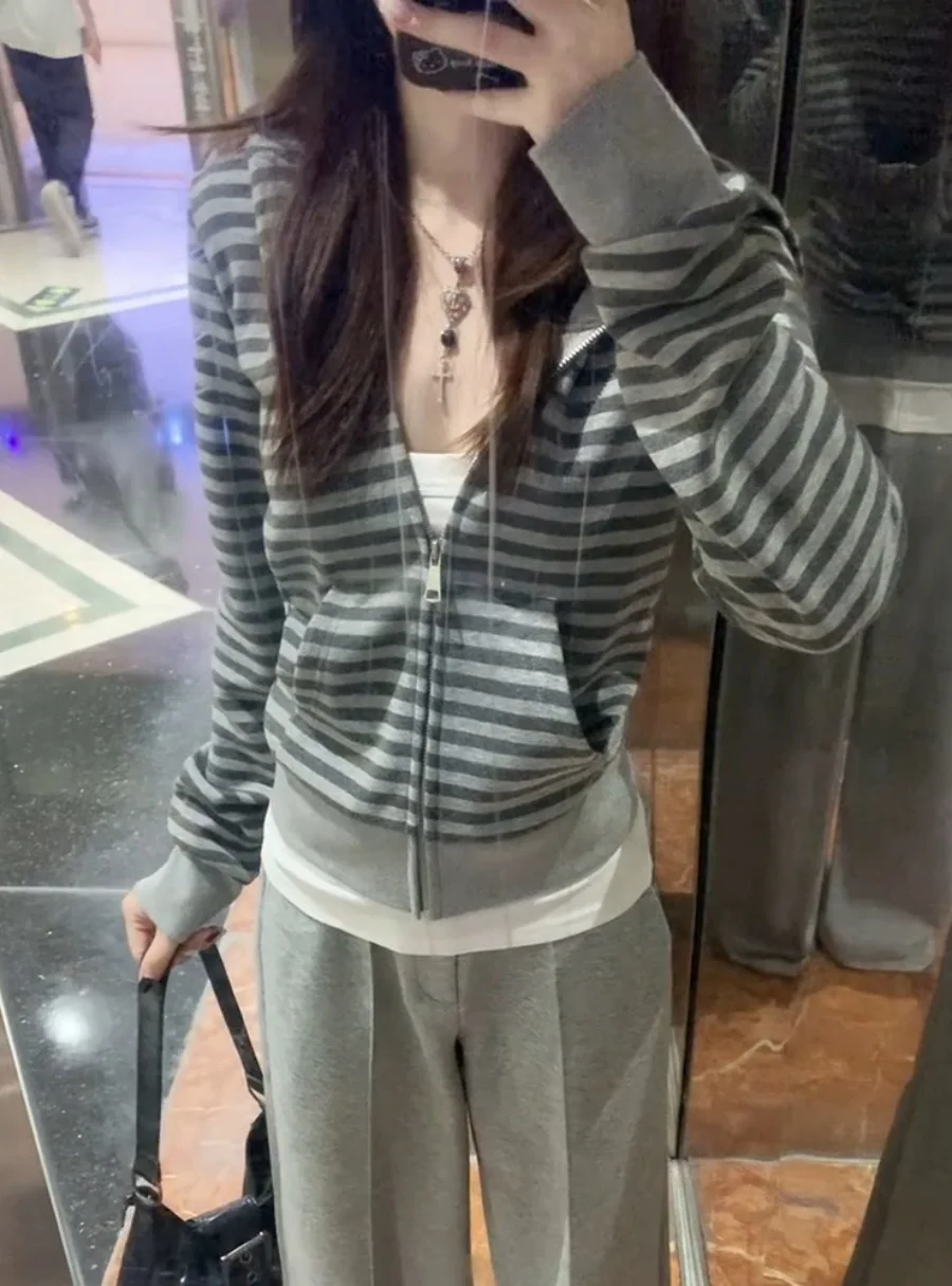 

Korean Retro Striped Waist-Cinching Hoodie Jacket Women's Autumn New Design Zipper Open Cardigan Top Slim Fit Long Sleeve