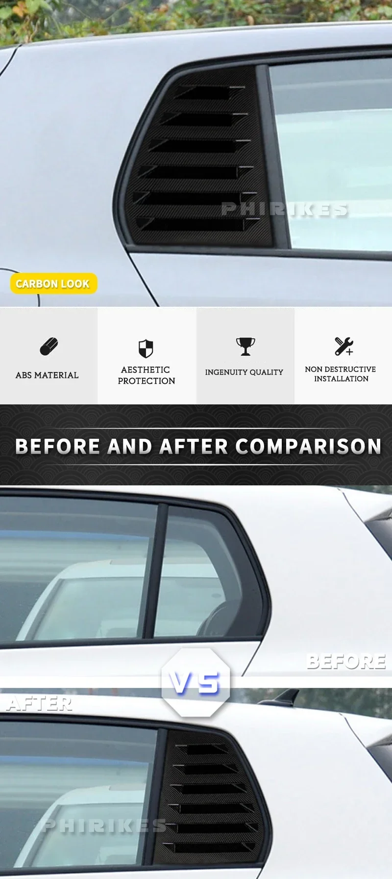 Paar hintere Seitenfensterverkleidung, Spoiler für VW Golf 5 Golf 6 Golf 7 MK5 MK6 MK7 MK7.5 2003–2020 Fensterverschluss-Abdeckung, Lamellen-Entlüftungsöffnungen – Detail 2