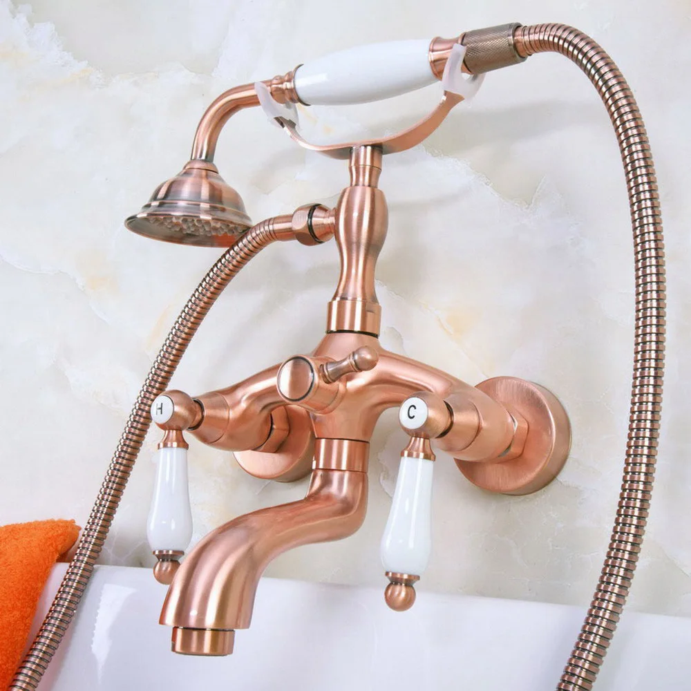 

Antique Red Copper Brass Double Ceramic Handles Wall Mounted Bathroom Clawfoot Bathtub Tub Faucet Mixer Tap w/Hand Shower ana311