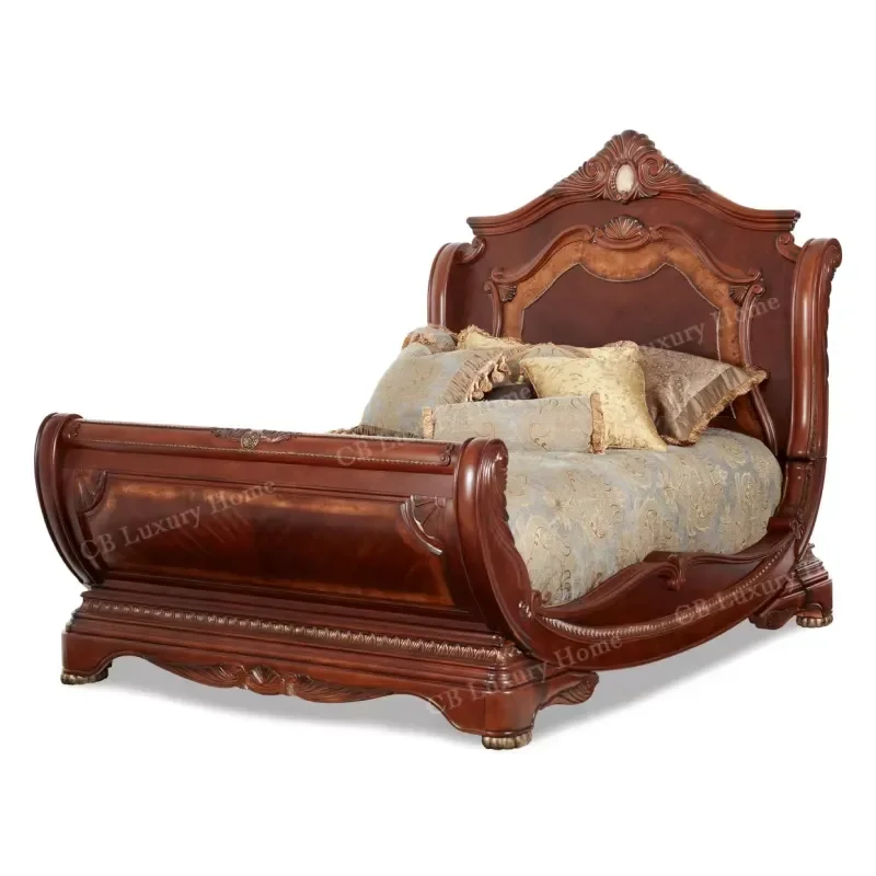 American Queen Bed Hand Carved Sled Bed Frame Solid Wood Classic Bedroom Furniture Full Size Platform Bed Set for Home Decor