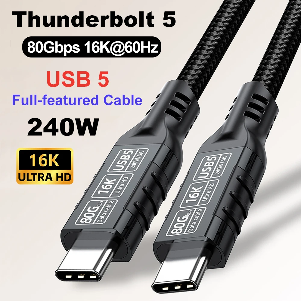 

USB 5 Cable Thunderbolt 5 80Gbps USB C 16K/8K Video Cable PD240W Fast Charger For Macbook Pro Hard Disk USB5 Data Cable 1m 2m 3m