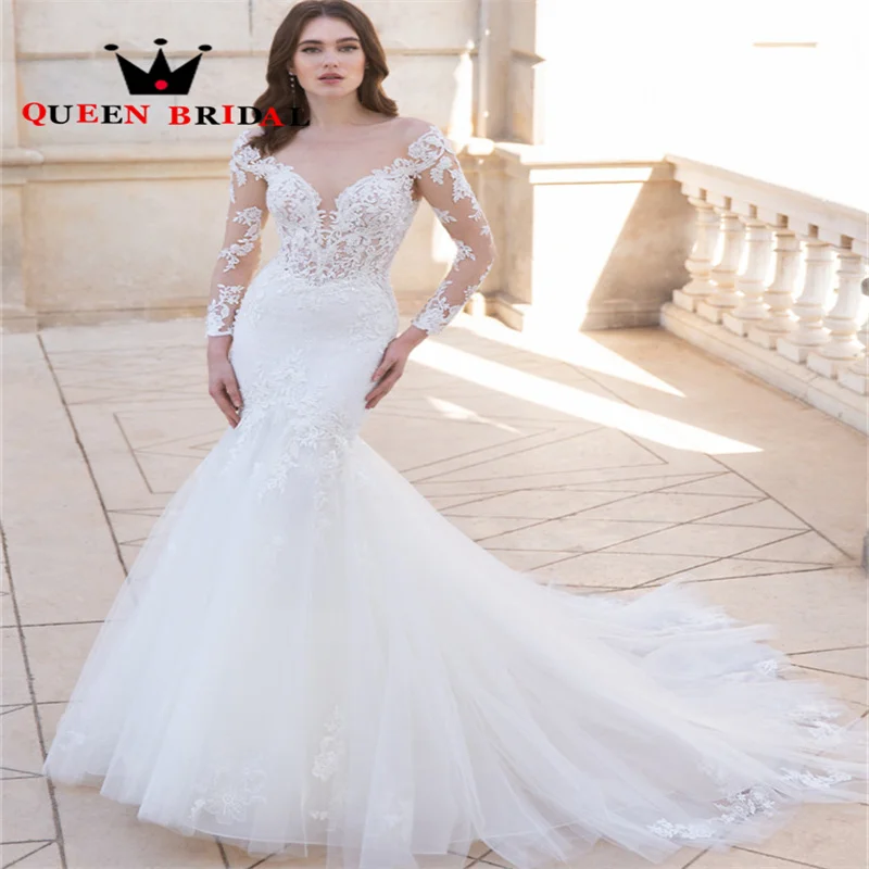 

Sexy Long Sleeve V Neck Wedding Dresses Women 2023 New Tulle Appliques Backless Mermaid Bridal Gowns Robe De Mariée Custom D86C