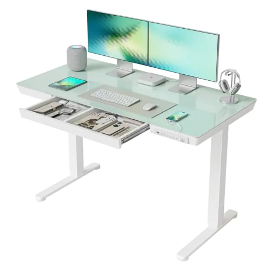 24-inch whole-piece glass standing desk, one-piece quick-install electric adjustable desk, white
