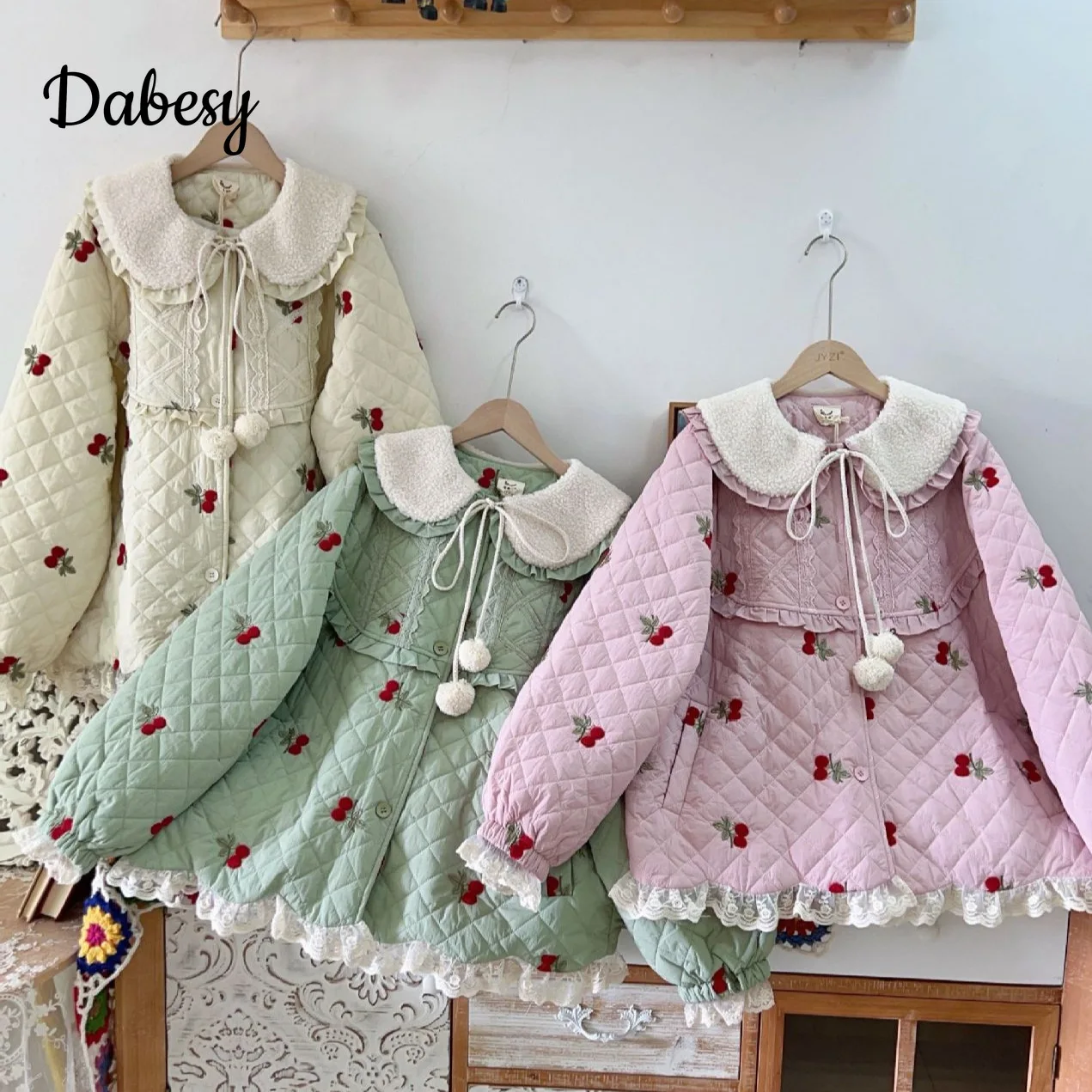 

Vintage Cherry Embroidery Cotton Padded Jacket Women Japanese Mori Girl Peter Pan Collar Lamb Wool Patchwork Parkas Winter Coat