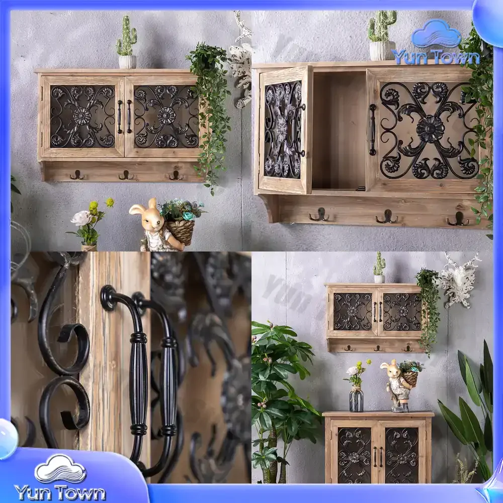 Retro Wooden Wall Cabinet for Kitchen Storage Glass Display Shelf Iron Wall Mounted Decorative Shelving Unit for Living Room