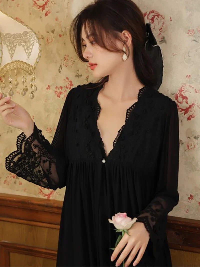 Women Nightgowns Ruffles Fairy Dress Long Sleeve Spring Breast Pad Cotton Spaghetti Strap Back Vintage Princess Sexy Sleepwear