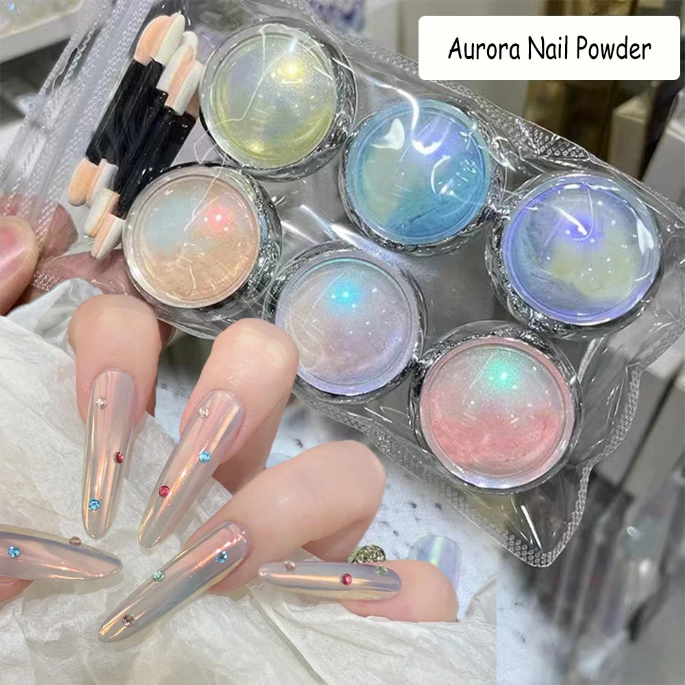 

6 цветов/набор Aurora Mirror Mermaid Nail Art Powder (с кистями) Розовый Синий Желтый Перламутровый Хромированный Пигмент Блестящая Пыль Для Ногтей