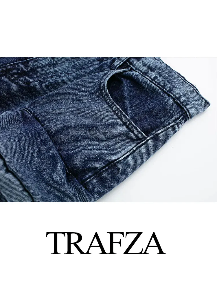 TRAFZA-monos de mezclilla Retro para mujer, pantalones de mezclilla con cremallera, decoración multibolsillos, cintura alta, moda americana, High