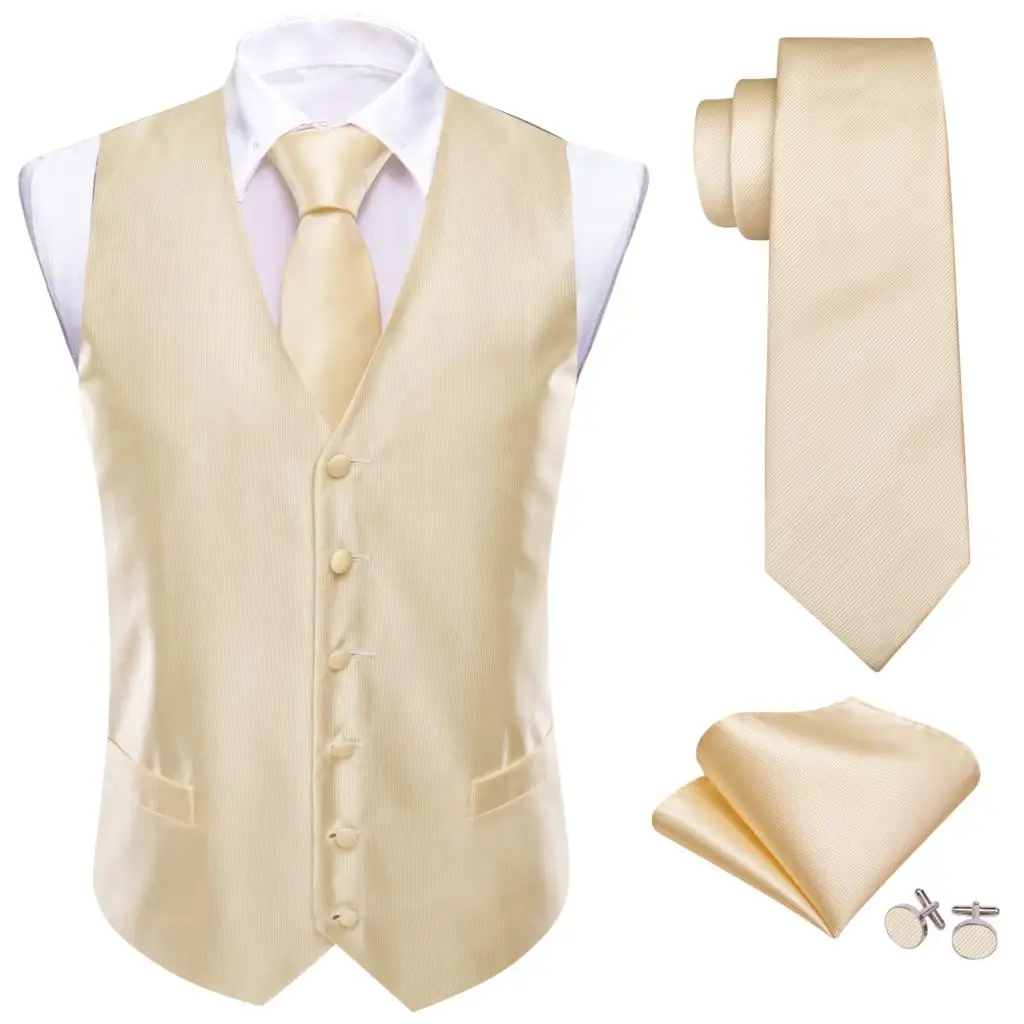 Solid Dress Vests for Men Gold Silk Wedding Party Beige Waistcoat Tie Set Elegant Male Formal Clothing Sleeveless Barry Wang