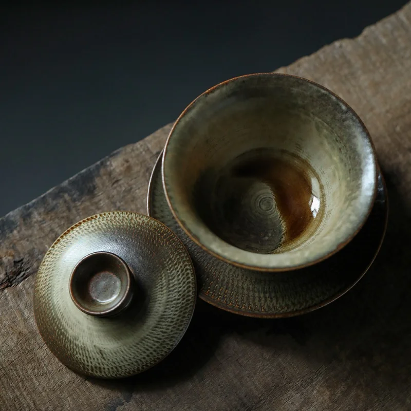 ★Firewood Burning Blind Dagger Texture Tureen Gracked Glaze Large Three Cai Tea Ceremony Bowl Handmade Raw Ore Jianzhan Rabbit's