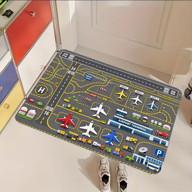 Aviation‑Themed Decorative Doormat, Vivid Airport Layout with Multiple Airplanes   Runways and Service Facilities Pattern Mat