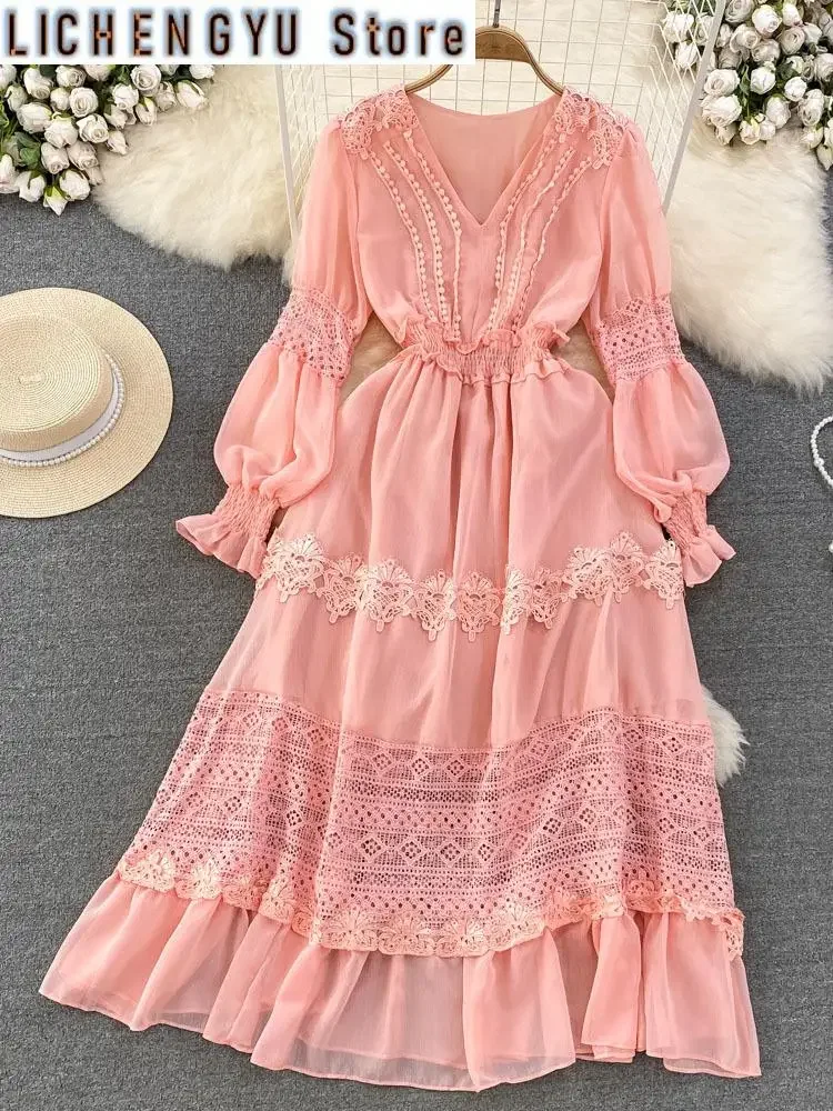 New Sweet Style Chiffon Patchwork Long-sleeve V-neck Solid Color High Waist A-line Women's Dress Autumn Dresses