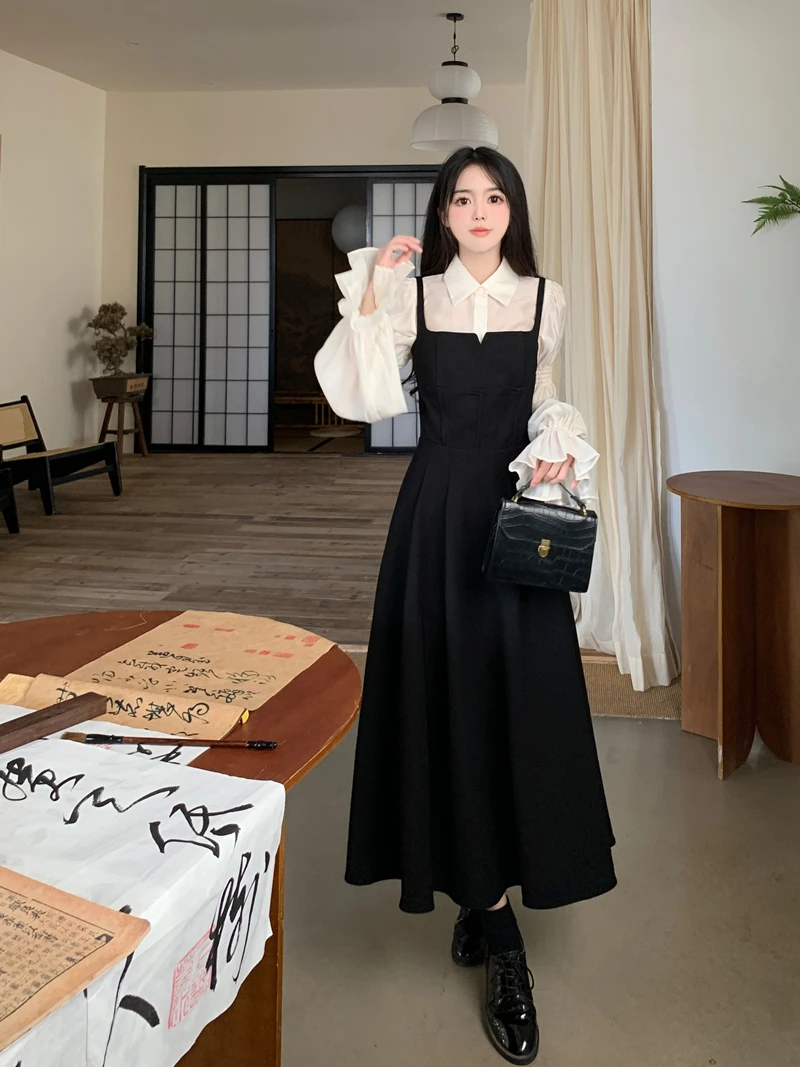 Casual Two-piece Set For Women White Blouse Tops And Cotton Black Sling Dresses Large Size Female Autumn Winter Loose Slim Suits