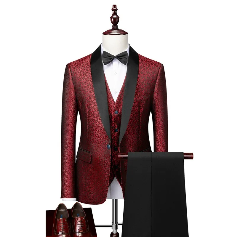 KIDWHXR Man Suits Fashion Contrast Color Turn Down Collar Blazer Male V-neck Vest Straight-leg Pant Men Wedding 3-piece Suit Set