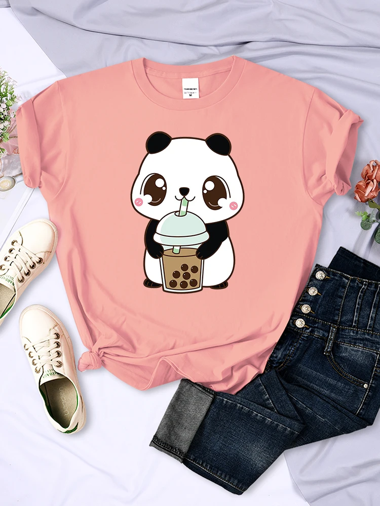 Pearl Milk Tea Panda Kawaii Print Tshirts Womens Hip Hop Breathable T-Shirt Summer Loose Tops Personality Sweat T-Shirt Women