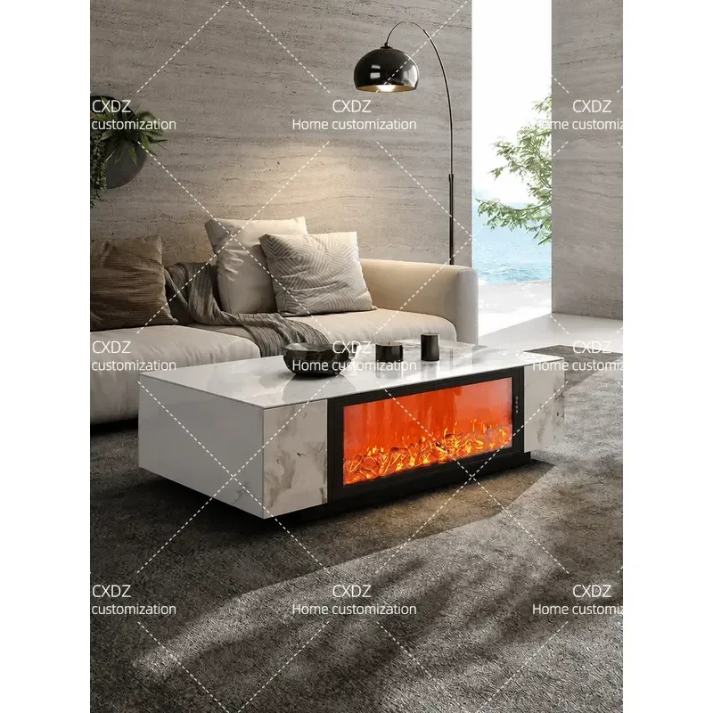 3D Electronic Fireplace Coffee Table Imitation Flame Integrated Floor Slate Light Luxury Living Room Decor for Small