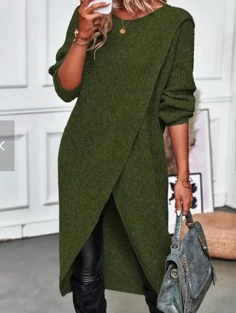 Long Knitted Sweater Women 2023 Gray Pullovers Autumn Winter Khaki Warm Fur Jumpers Maxi Y2k E-girl Jumper Work Sueter Mujer