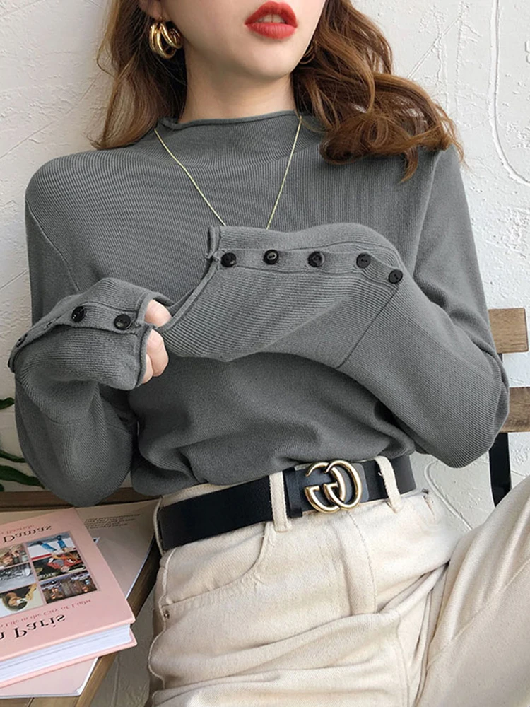 Suéter de punto para mujer, Jersey grueso de manga larga con cuello alto y botones, suave y cálido, otoño e invierno, 2024