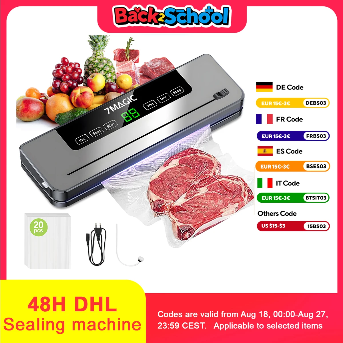 Sigillatrice sottovuoto con 20 sacchetti - Potente sigillo 80KPA per alimenti secchi e umidi, sistema automatico per la conservazione degli alimenti, compatto e veloce